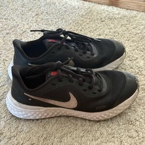 Nike Revolution Black Running Shoes with White Recycled Swoosh- Boys Size 4Y